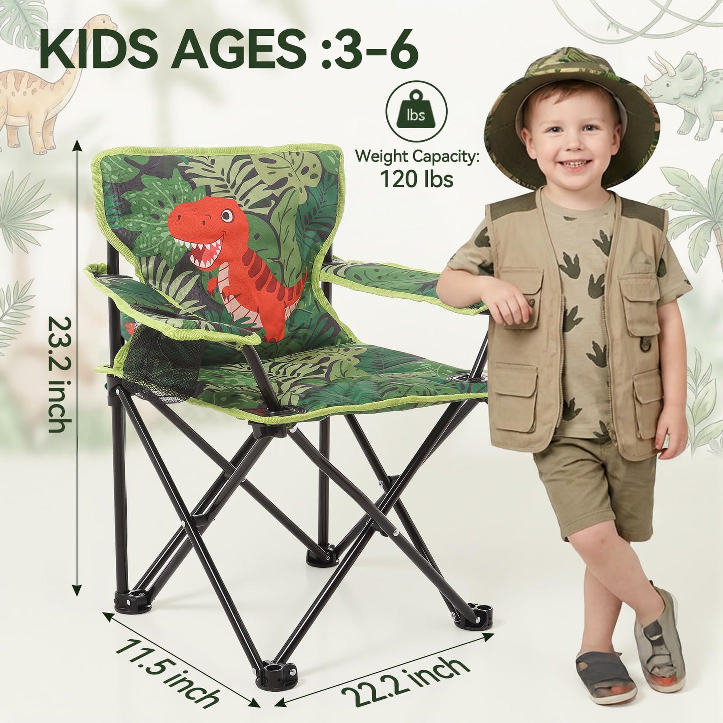 Huskfirm Padded Kids Camping Chair Folding Toddler Chair with Cup Holder & Safety Lock Portable Kids Beach Chair Ages 3-6 for Outdoor Camping Foldable Kids Chair Support 120lbs,Green Dinosaur