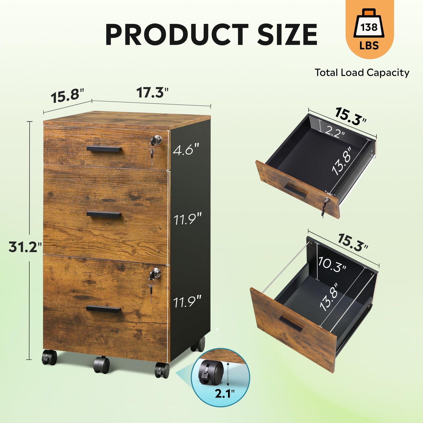 DEVAISE 3 Drawer Rolling File Cabinet with Lock, Wood Filing Cabinet fits Letter / A4 Size for Home Office, Rustic Brown