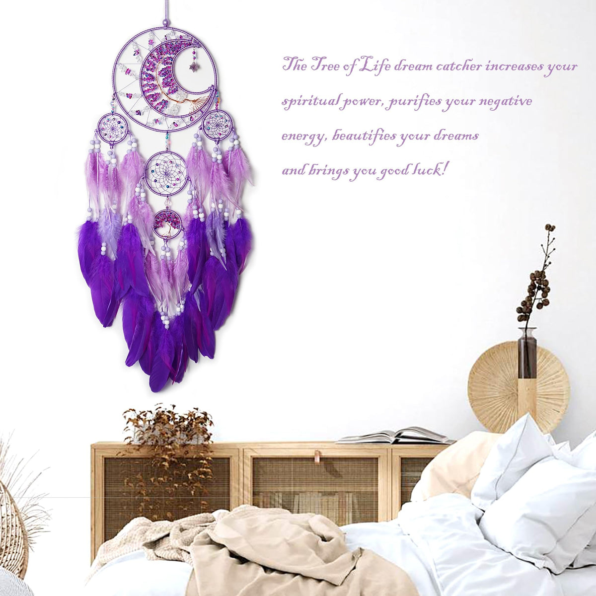 Large Dream Catchers, Handmade Woven Moon Healing Crystal Stone Dream Catcher Wall Hanging Ornament for Bedroom Living Room Wedding Party Decor, Festival Blessing Craft Gift (Purple Moon)