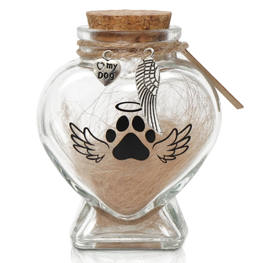 HAMUIERS Pet Memorial Gift for Loss of Dog or Cat, Heart Shape Glass Jar & Bottle for Fur, Hair, Whiskers or Ashes Keepsake Urn with Cork Top, Charms for Cute Rainbow Bridge Memorial, Dog