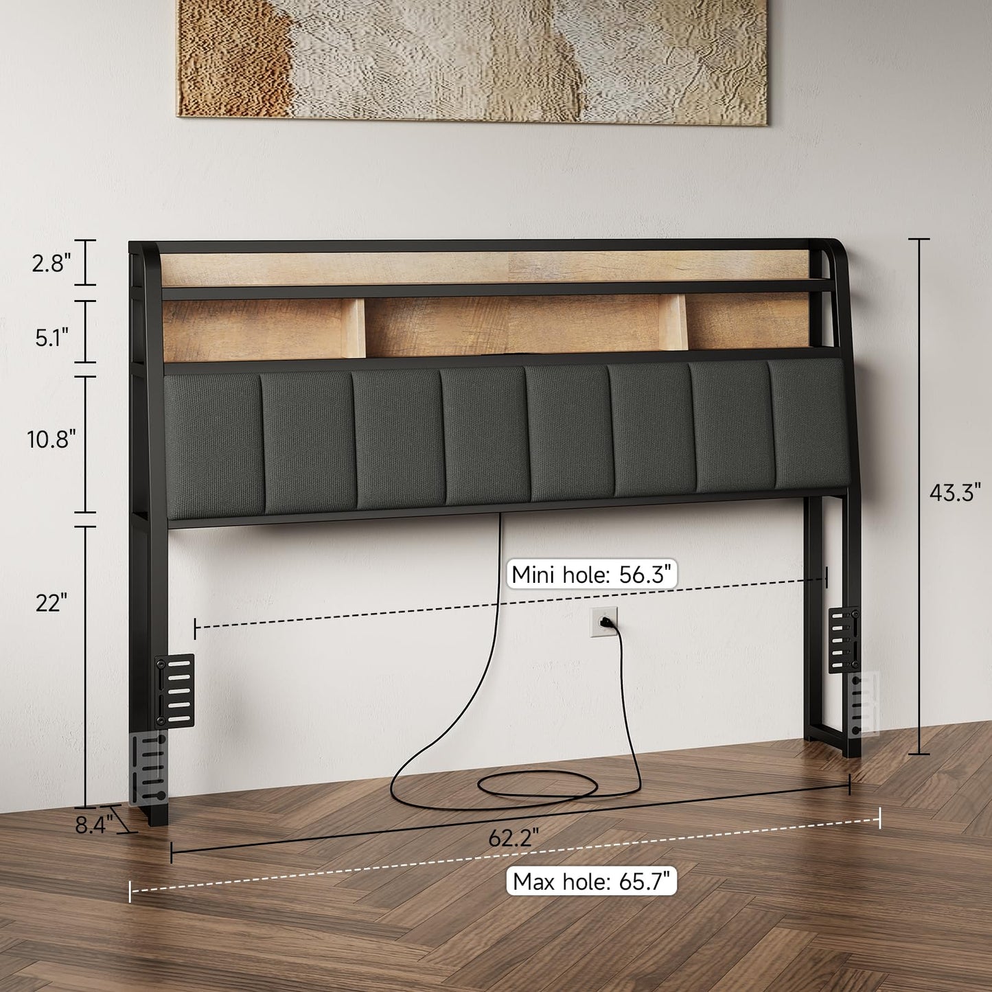 Lefurture Queen Headboard Only with Storage, Upholstered Headboards for Queen Size Bed with LED Light, Charging Station, Height Adjustable, Sturdy and Stable Headboard, Black & Brown