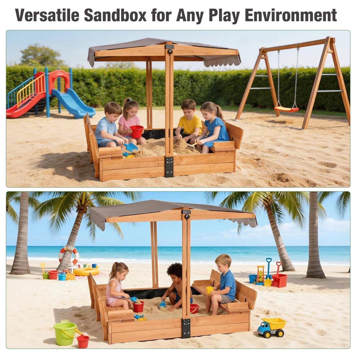 Gutinneen 47" Wooden Sandbox for Kids, Outdoor Sandbox with Adjustable Canopy & Retractable Cover, 2 Foldable Bench Seats with Backrest, UV-Resistant, Solid Wood with Sand Liner for Backyard