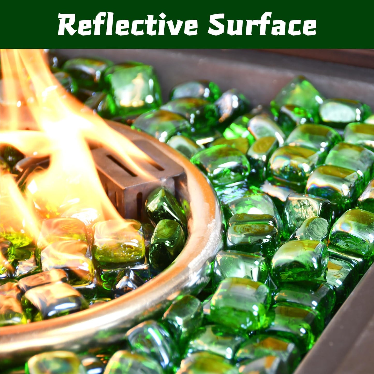 vchin Fire Pit Glass Rocks Square, Fire Glass Cubes, Tempered Beads for Fireplace, Firepit Table Indoor or Outdoor, Replacing Traditional Burning Wood 20 pounds, Green Reflective