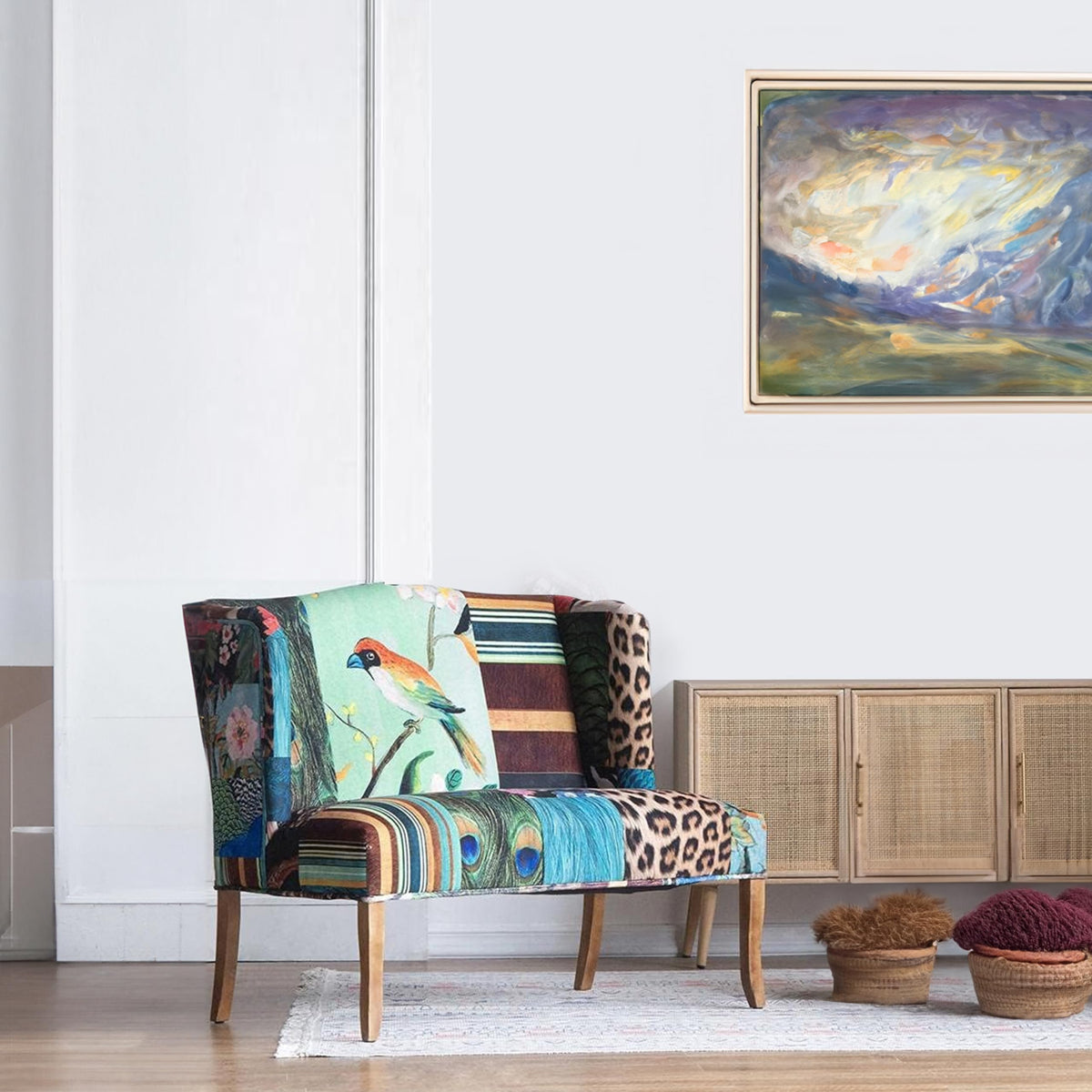 Benzara Vesta Bird Collage Print Settee, Multicolor Upholstery