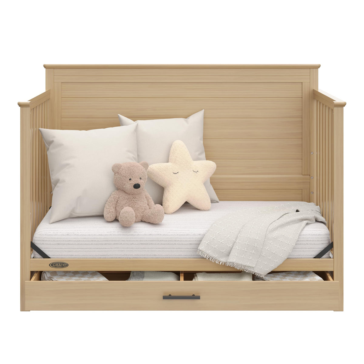 Graco Tristan 5-in-1 Convertible Crib with Drawer (Driftwood) – GREENGUARD Gold Certified, Fits Standard Crib Mattress, Premium Handle, Converts to Toddler Bed, Daybed, and Full-Size Bed