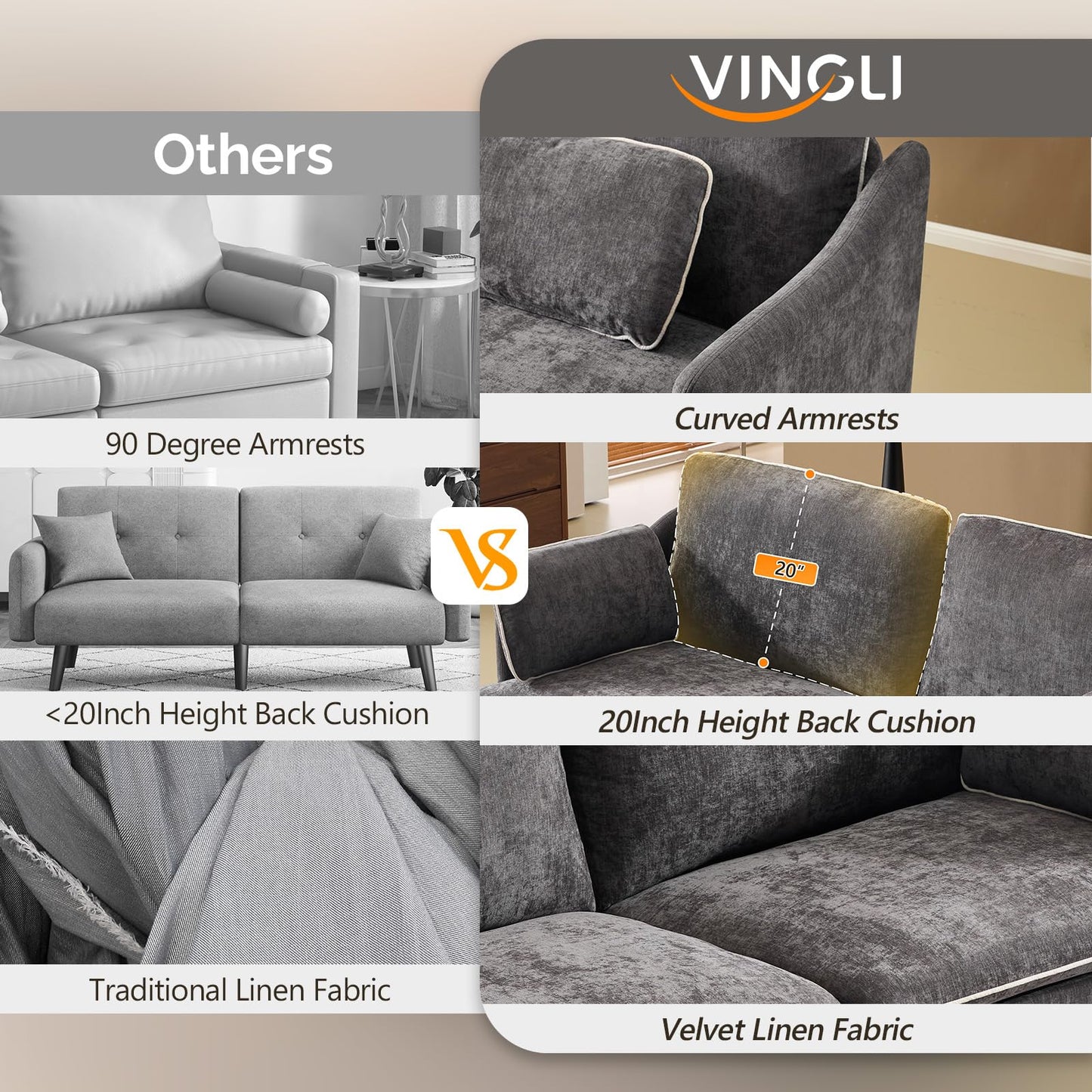 VINGLI 84" Sofa Couch, 3 Seater Extra Deep Seat Upholstered Living Room Couches with 2 Piped Seater Cushions, Throw Pillows, Modern Linen Velvet Fabric Sofa for Apartment, Bedroom, Office
