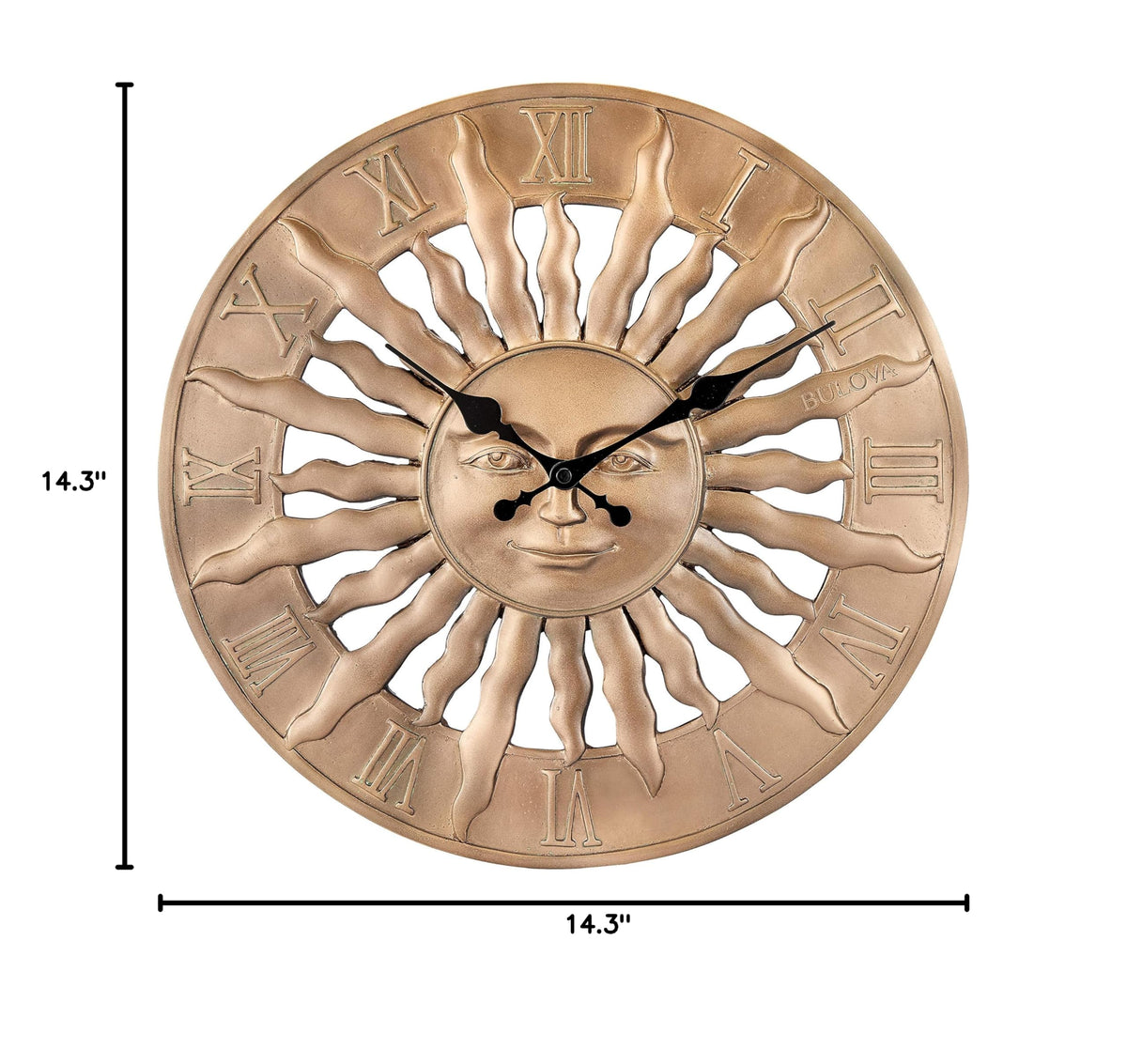 Bulova Sunrise Wall Clock C4860 | 14.3" 3D Sunburst Resin Design with Roman Numerals | Silent Quartz Movement | Battery Operated | Indoor/Outdoor Décor