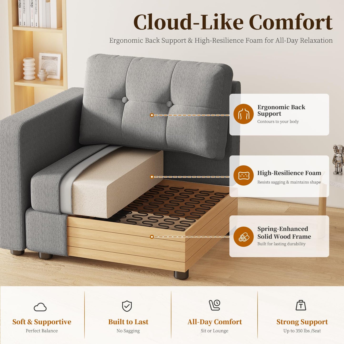 Furnimart 140" Oversized Modular Sectional Sofa with Power Outlets & USB Ports, Storage Console & Ottoman, Deep Seat Chenille Sectional Couch for Living Room, Wood Frame, Grey