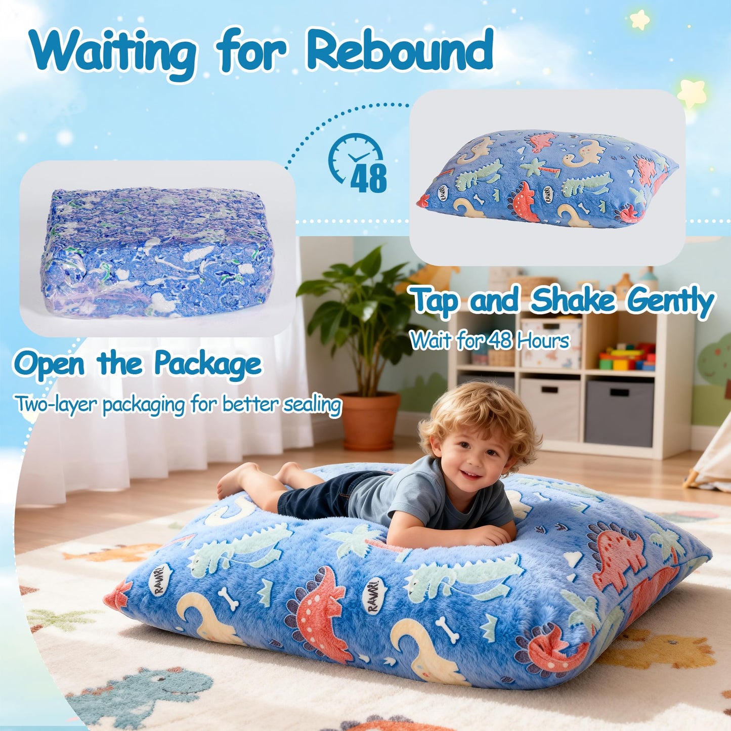 BRINJOY Kids Bean Bag Chair Bed, 3 in 1 Memory Foam Filled Bean Bag Sofa with Removable Cover for Playroom Daycare Bedroom, Toddlers Lazy Floor Mattress Lounger for Boys Girls, Glowing Dinosaur