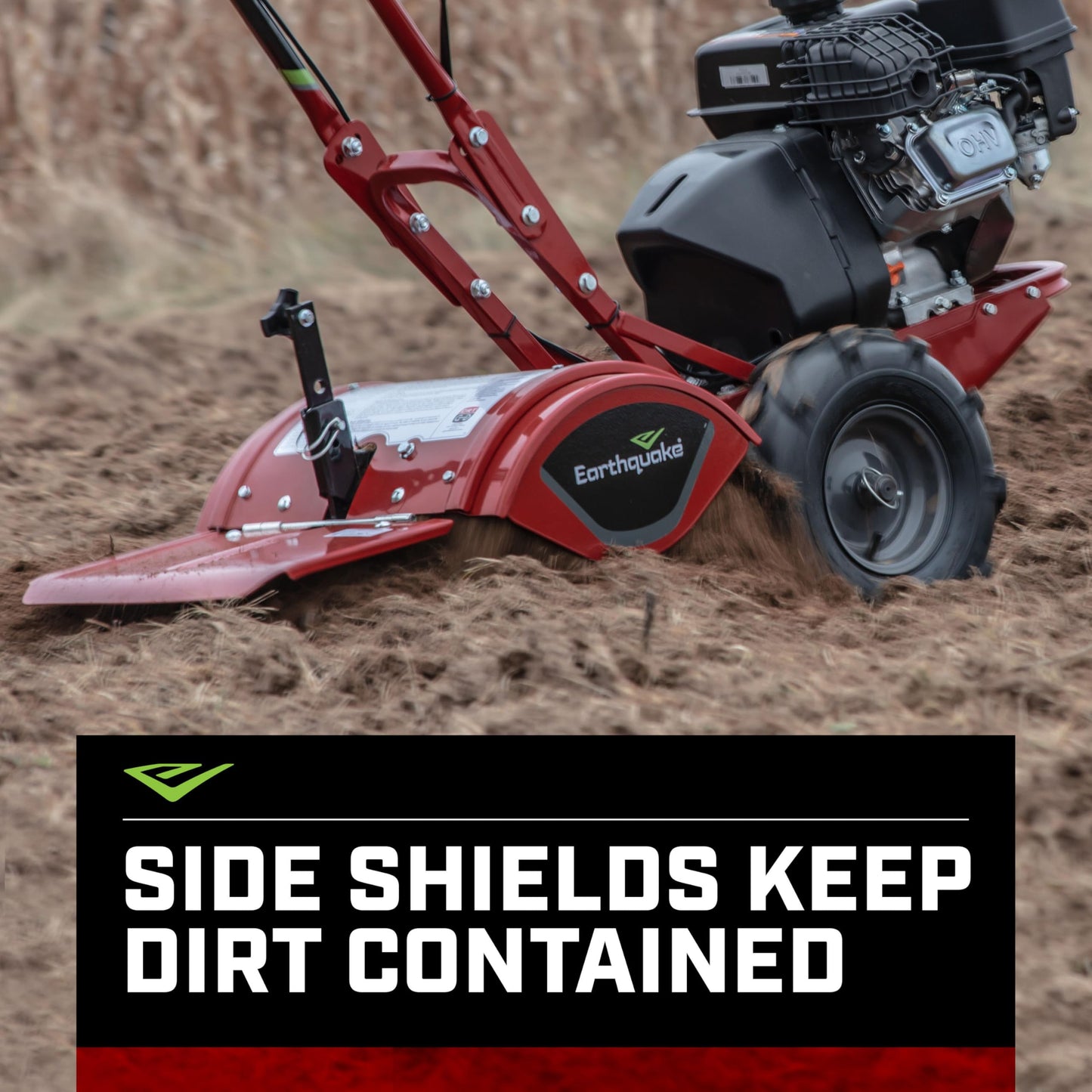 EARTHQUAKE Victory Rear Tine Tiller, Powerful 209cc 4-Cycle Viper Engine, Rugged Bronze Gear Transmission, Counter-Rotating Tines, Instant Reverse, Pneumatic Wheels, Model: 39381, Red/Black