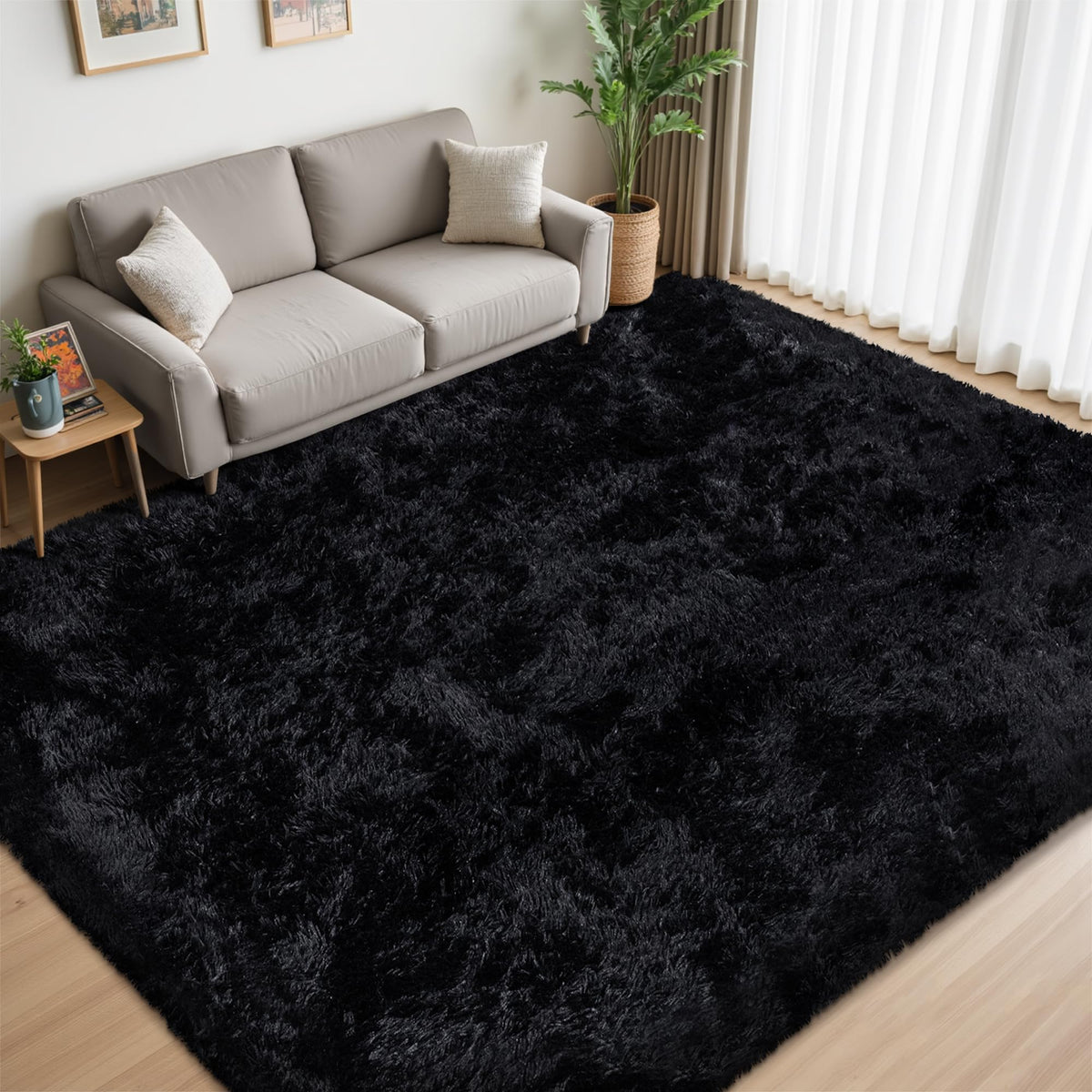 Xafir 8x10 Area Rug for Living Room,Black Fluffy Shag Non-Slip Bedroom Rugs