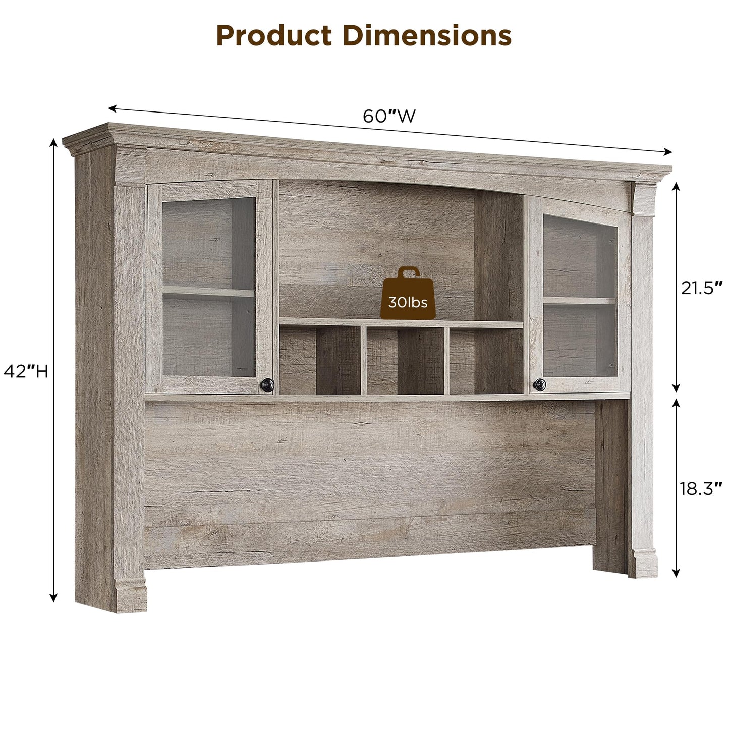 OKD 60" Farmhouse Desk Hutch, Glass Door Storage Cabinet, Gray Oak
