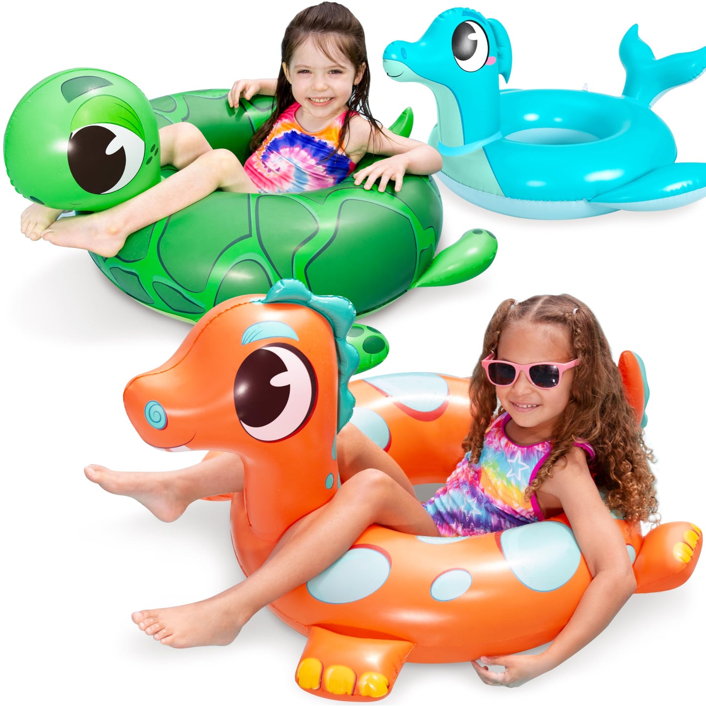SLOOSH 3-Pack Inflatable Pool Tubes Floats - Dinosaur & Sea Turtle & Dolphin Swimming Rings for Kids Toddler, Pool Beach Water Float Party in Summer Decorations 32"