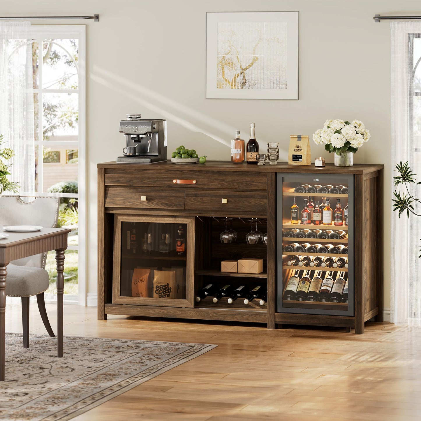 STO'SENSE Extra Large Coffee Bar Cabinet w/Fridge Space&Power Outlet,Lux MiniFridge Cabinet w/2Drawers,Wine Rack,Leather Handle,Adj.Shelves,Bar Tray,Glass Holder&Sliding Door,Buffet Sideboard,Walnut