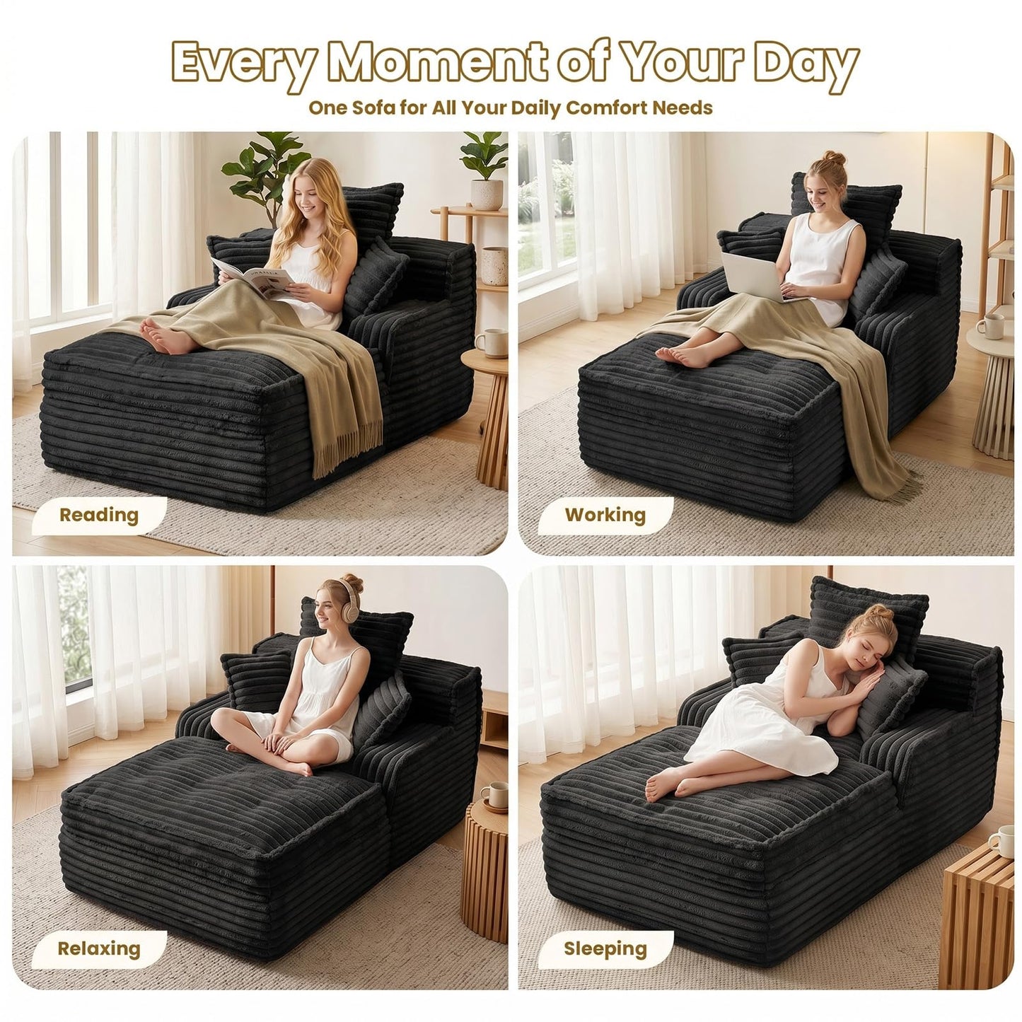 Ziydily 57 Inch Boneless Couch Lounge Chaise, Corduroy Upholstered Boneless Sofa Bed, Deep Seat Sleeper Couch Reading Chairs, Cozy Cloud Sofa Couches for Small Spaces, No Assembly Required, Black