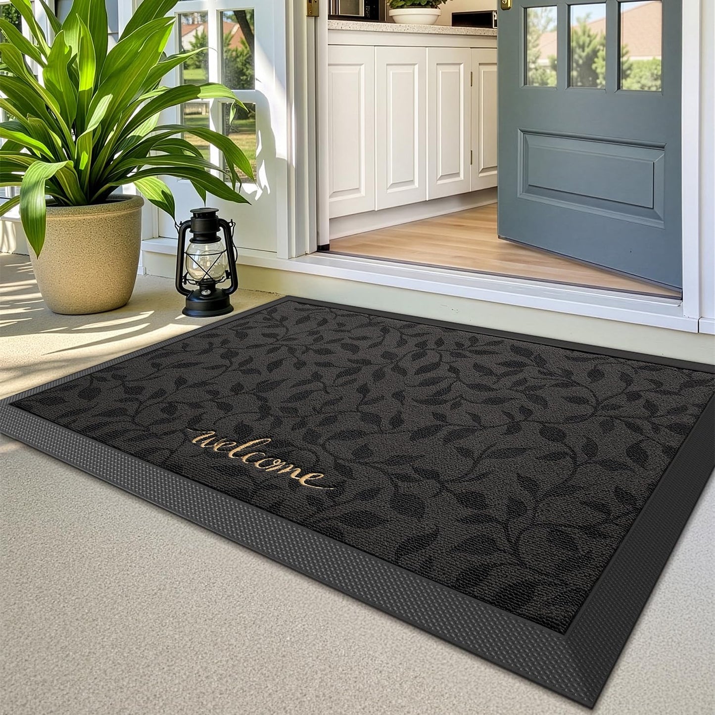 LUMI Premium Front Door Mat 24"x36", Non-Slip Heavy Duty Rubber Welcome Mats, Embroidered Tree Dirt Trapper Doormat for Indoor Outdoor Entryway, Porch, Patio, Grey Gold Leaf