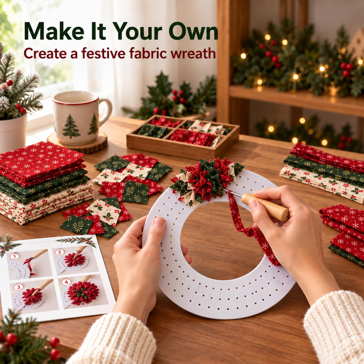 3D Fabric Poke Wreath Kit for Adults, Christmas Door Decor，Set C