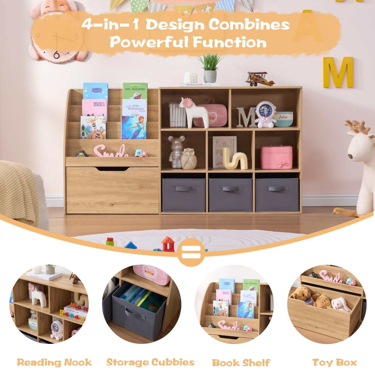 Fatmok Kids Bookshelf and Toy Storage, Toy Storage Organizers with Movable Drawers & 3 Storage Bins, Kids Reading Nook Toy Organizers Shelf with 5 Cubbies, Natral Wood