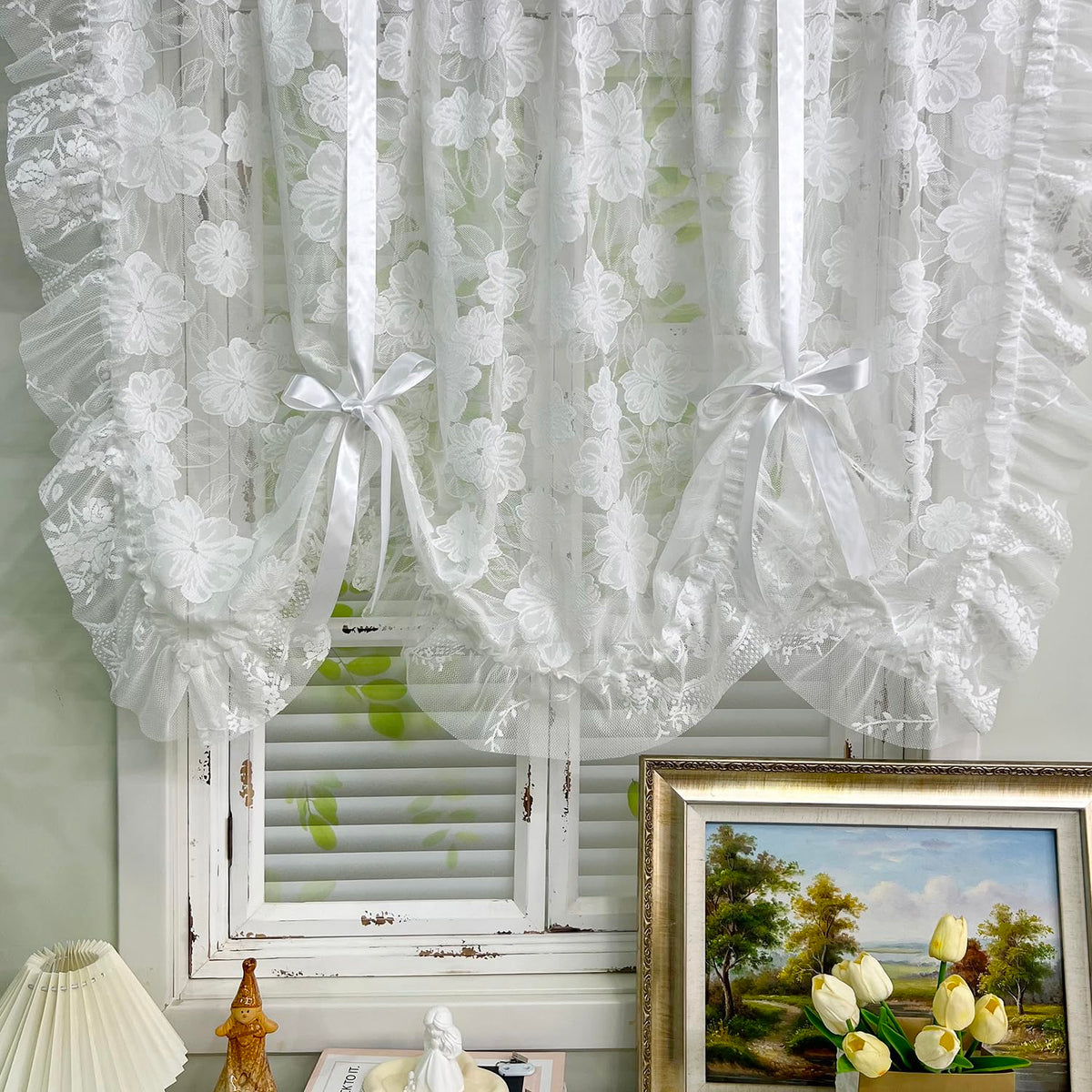 Tie Up Floral Lace Sheer Curtain Jacquard Balloon Curtain Shade for Kitchen