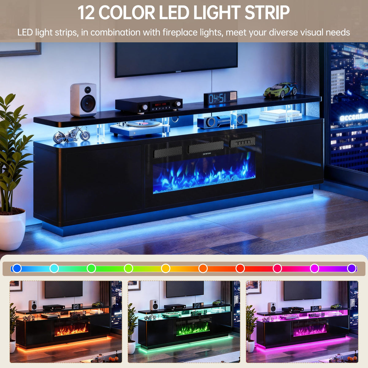 OneBlis 4-Piece Living Room Furniture Set with LED Fireplace TV Stand and Coffee Table & Nightstands Set of 2, Modern TV Stand with Storage Table Set for Living Room