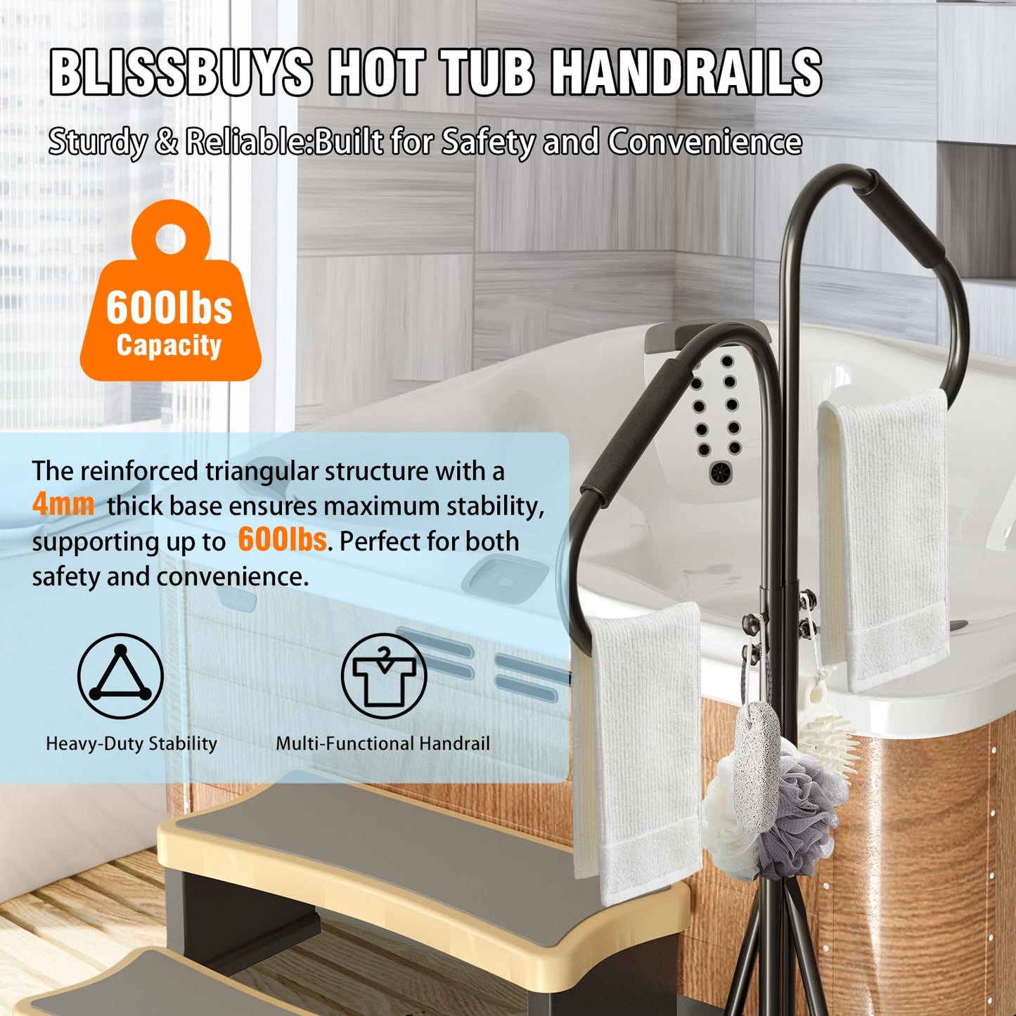 blissbuys Hot Tub Handrails 48-57 Inch Adjustable Two Way Hot Tub Handrail, 700LB Capacity 360° Swivel Assist Rail for Indoor Outdoor Spa Bathtub Entry and Exit, Black