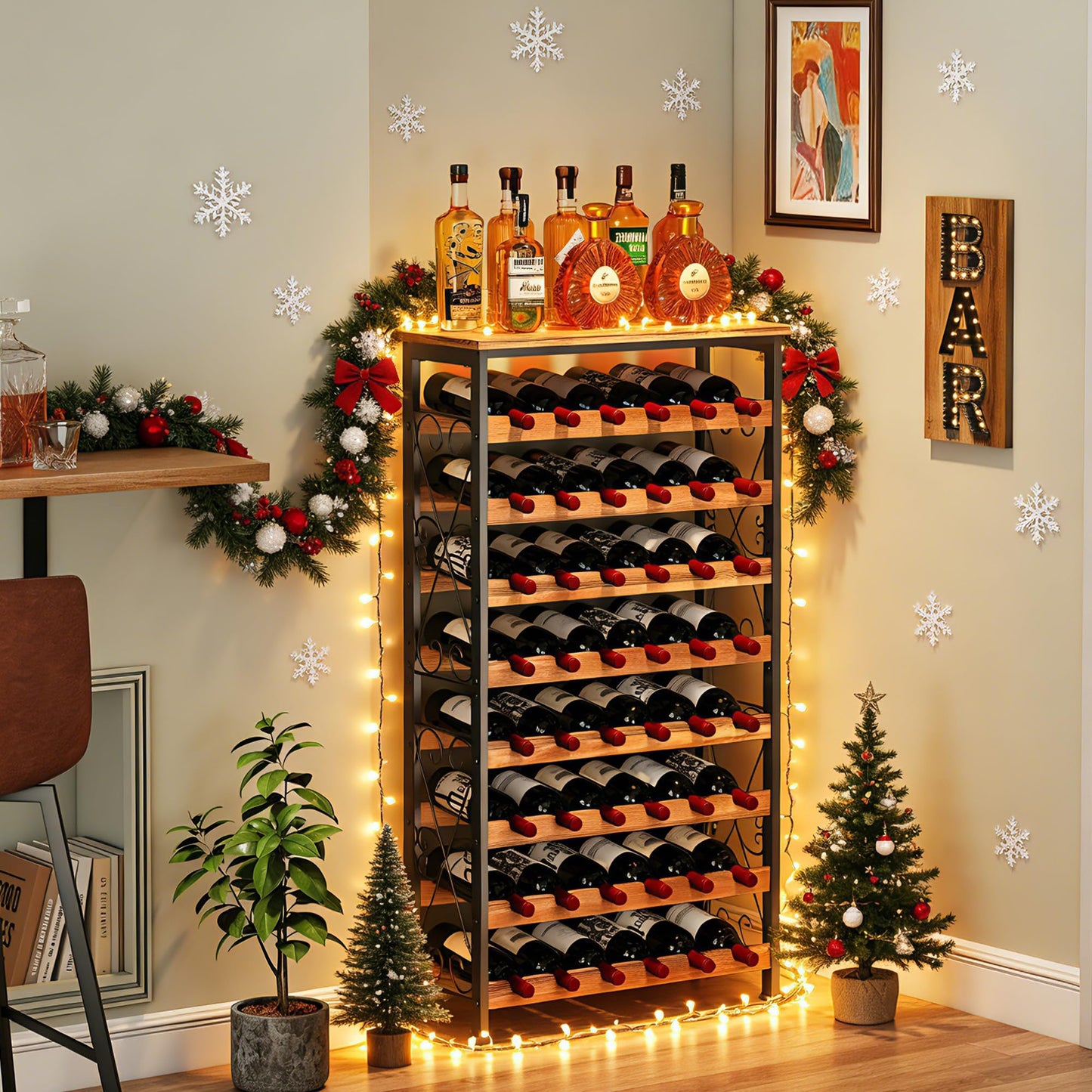 Sonyabecca 48 Bottle Wine Rack Freestanding Floor with Wood Top,8-Tier Wine Storage Shelf with Serving Station, Wine Holder for Kitchen, Bar, Dining Room, Home Bar Cabinet for Wine Bottles, No Wobble