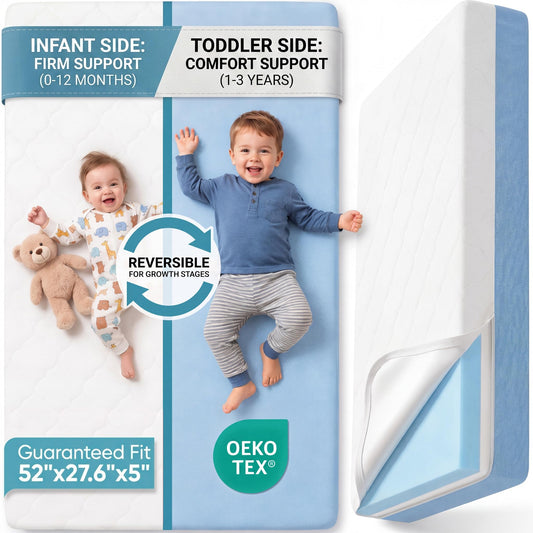 DeerFable Baby Crib Mattress, Dual Sided Memory Foam 52x27.6x5 Inch, Blue