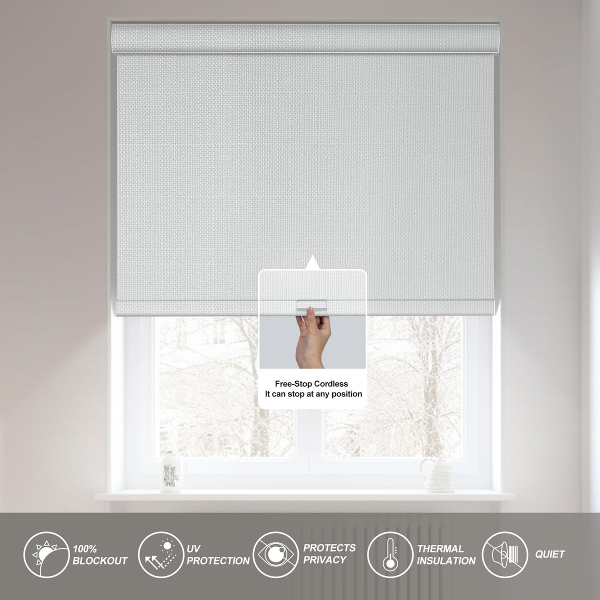 Boolegon Blackout Roller Shades for Windows, White, Custom Size