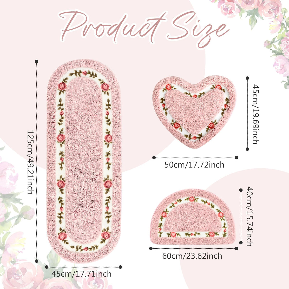 Drydiet 3 Pcs Floral Bathroom Rugs Set, Pink Non Slip Bath Mats, Pink