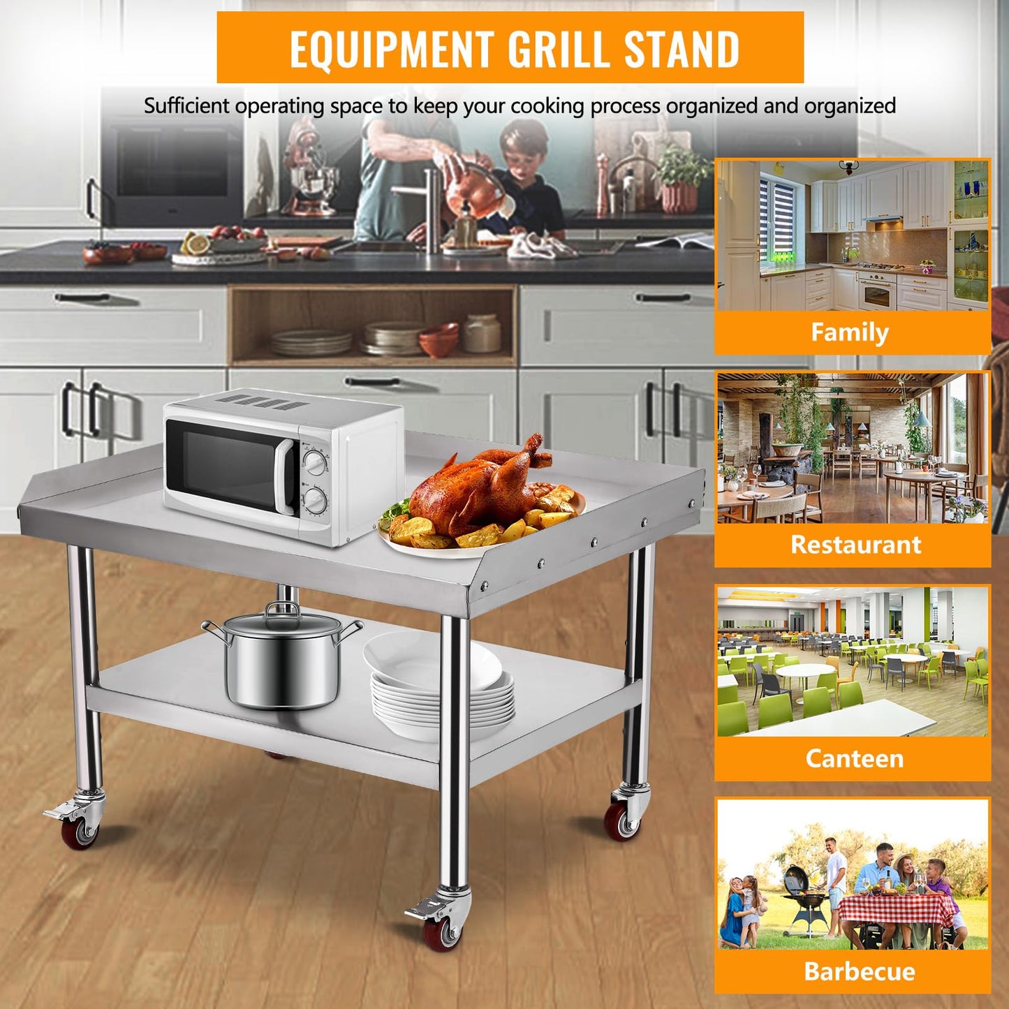 Stainless Steel Equipment Grill Stand Table (24" x 28" x 24") - Heavy Duty Commercial Kitchen Work Table - 1000 Lbs Top Shelf Capacity with 2" Edge Baffle - Adjustable Bottom Shelf & Legs