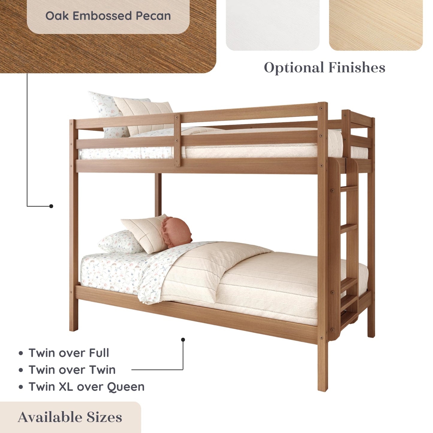 Grain & Grove Bear Twin Over Twin Bunk Bed, Sturdy Bunk Bed Frame for Kids, Plywood Bunk with Ladder, Guardrail, and Slats, No Box Spring Required, Oak Embossed Pecan