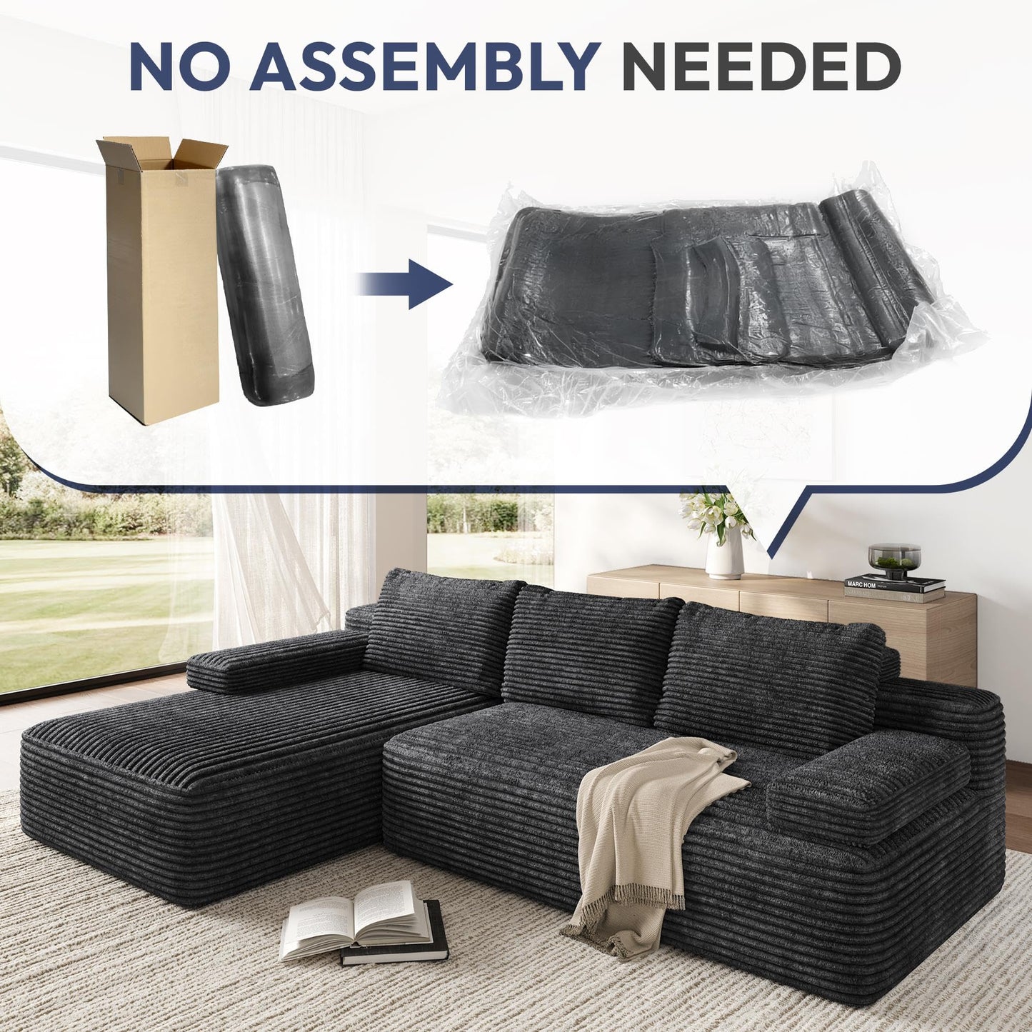 Yaheetech 110" Modular Sectional Sofa Corduroy Boneless Couch with Chaise L-Shape Cloud Couch with Detachable Pillows No Assembly Sofa for Living Room, Dark Gray