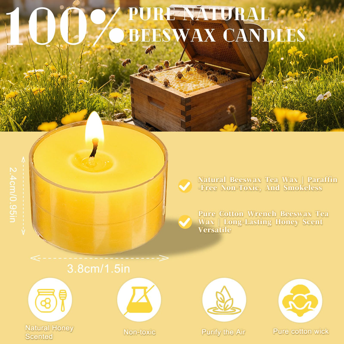 Pure Beeswax Tealight Candles,6-Hour Burn Tea Candles,36 Pack