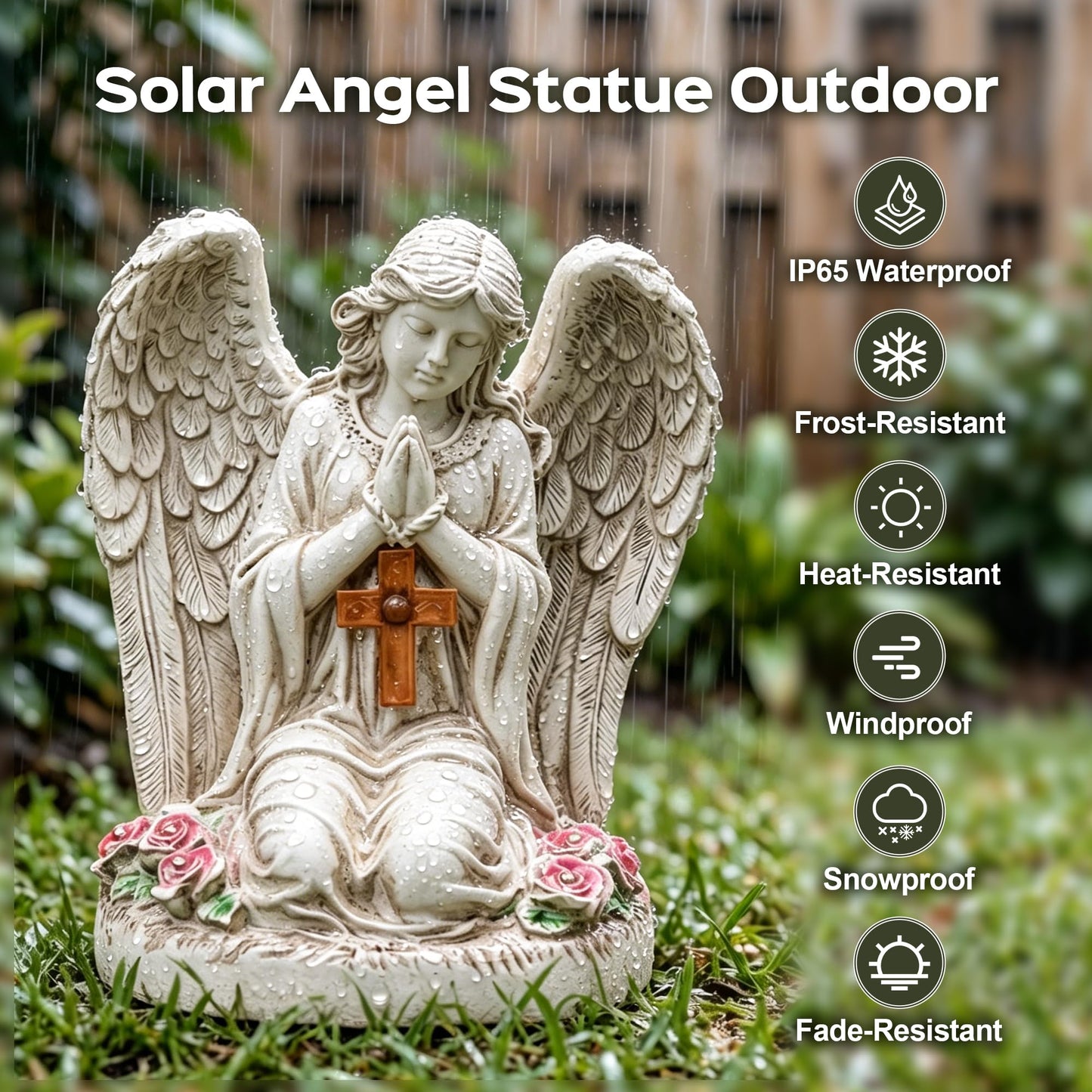 Ayadon Solar Angel Garden Statues with Cross and 6 LED Lights, Solar Outdoor Decor for Patio, Balcony, Yard, Cemetery, Waterproof Praying Angel Figurines, Lawn Ornaments Gifts for Women, Mom, Grandma