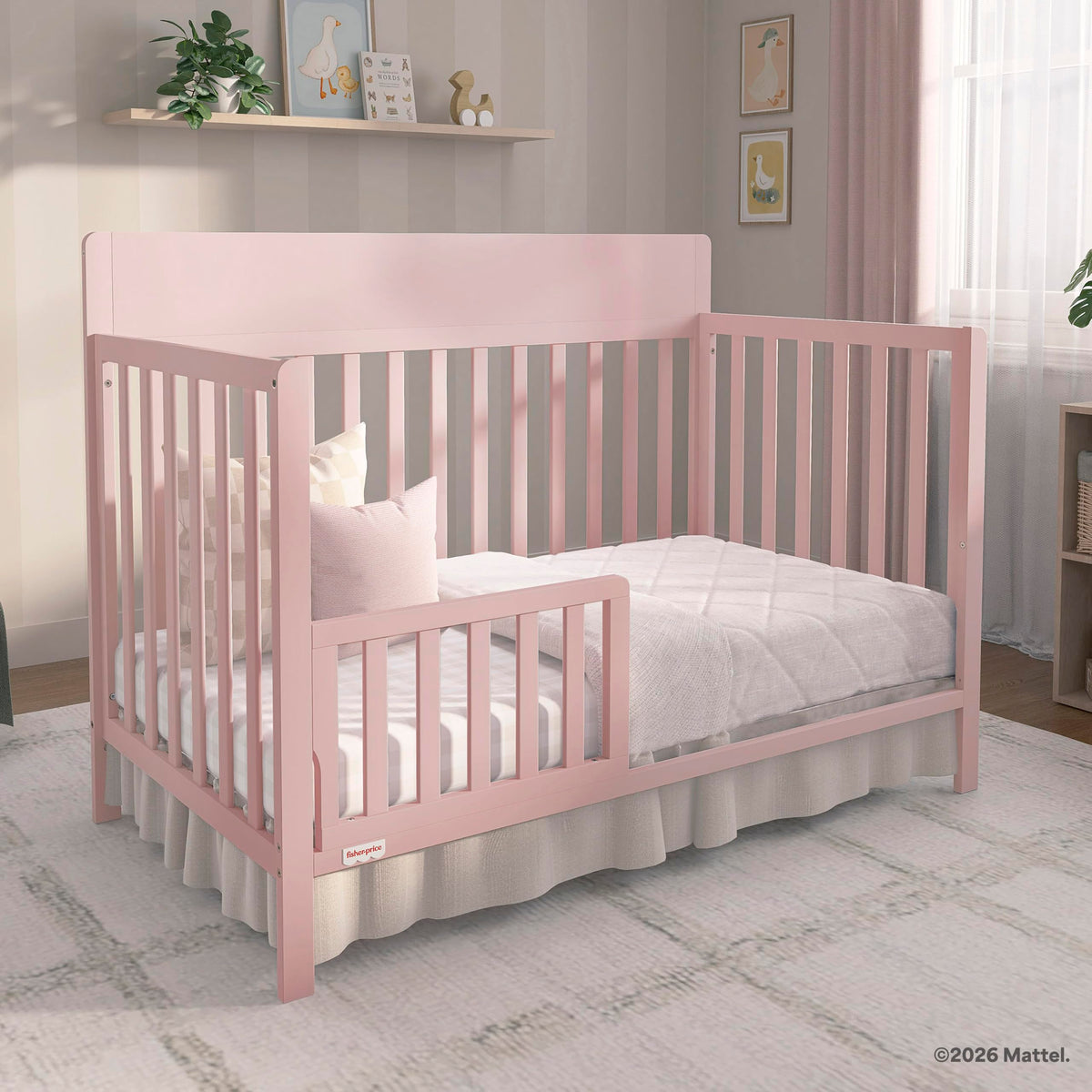 Fisher-Price Meadowbrook 4-in-1 Convertible Full Size Baby Crib, Wooden Nursery Furniture, Converts to Toddler Bed with Guardrail, Daybed & Full-Size Bed, Greenguard Gold & BSA Certified, Pink