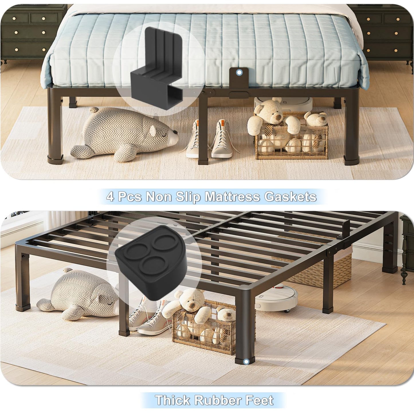 Yitong Angel 14 inch Twin XL Bed Frame with Rounded Corner Legs and Headboard Hole Mattress Slide Stopper 3500 LBS Heavy Duty Support Metal Platform,No Box Spring Needed, Noise Free,Easy Assembly