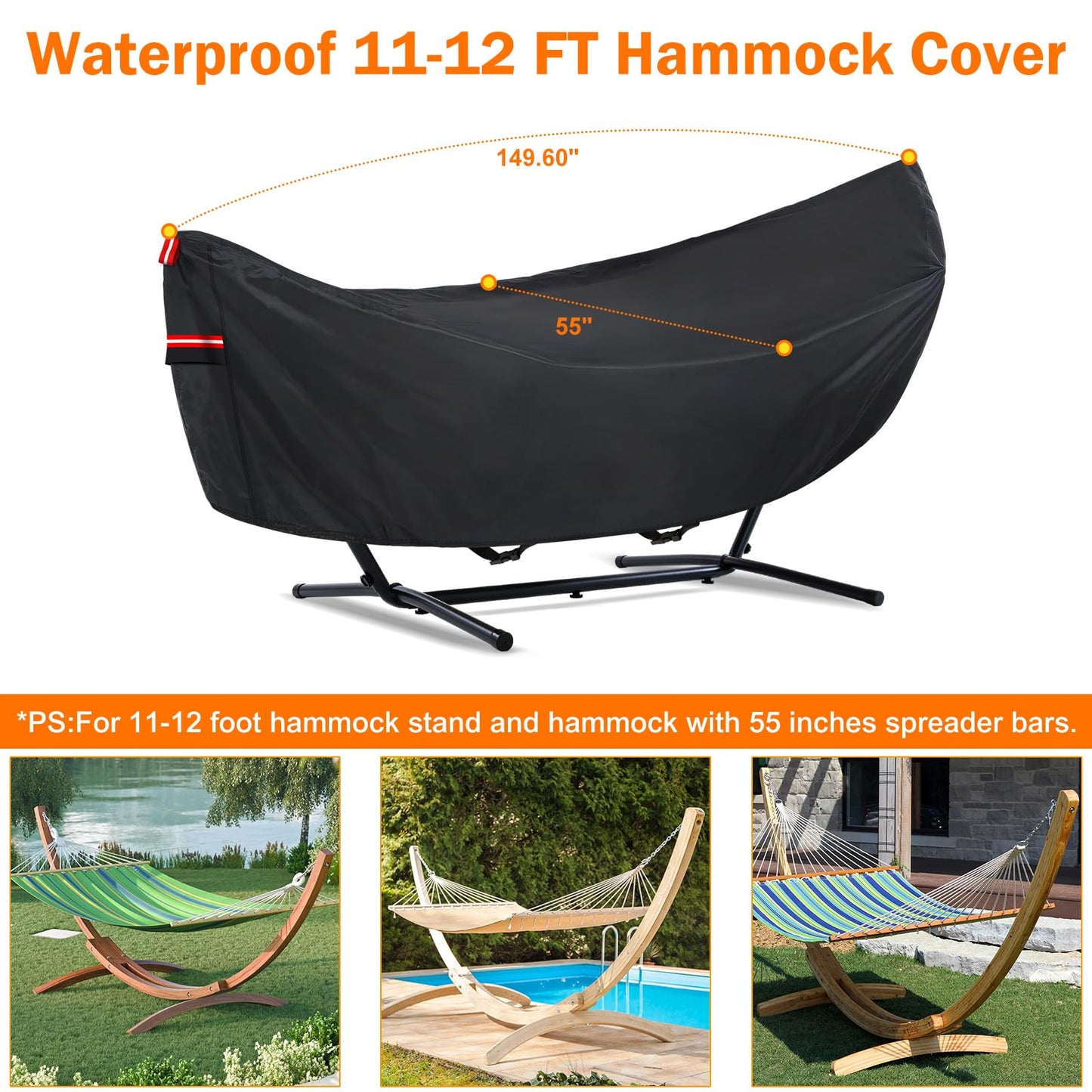 Waterproof 11-12 FT Hammock Cover, 210T Sun Rain UV Dust Snow Protection Outdoor Hammock Covers with Windproof Straps & Soft Cotton Lining for 11-12ft Stand
