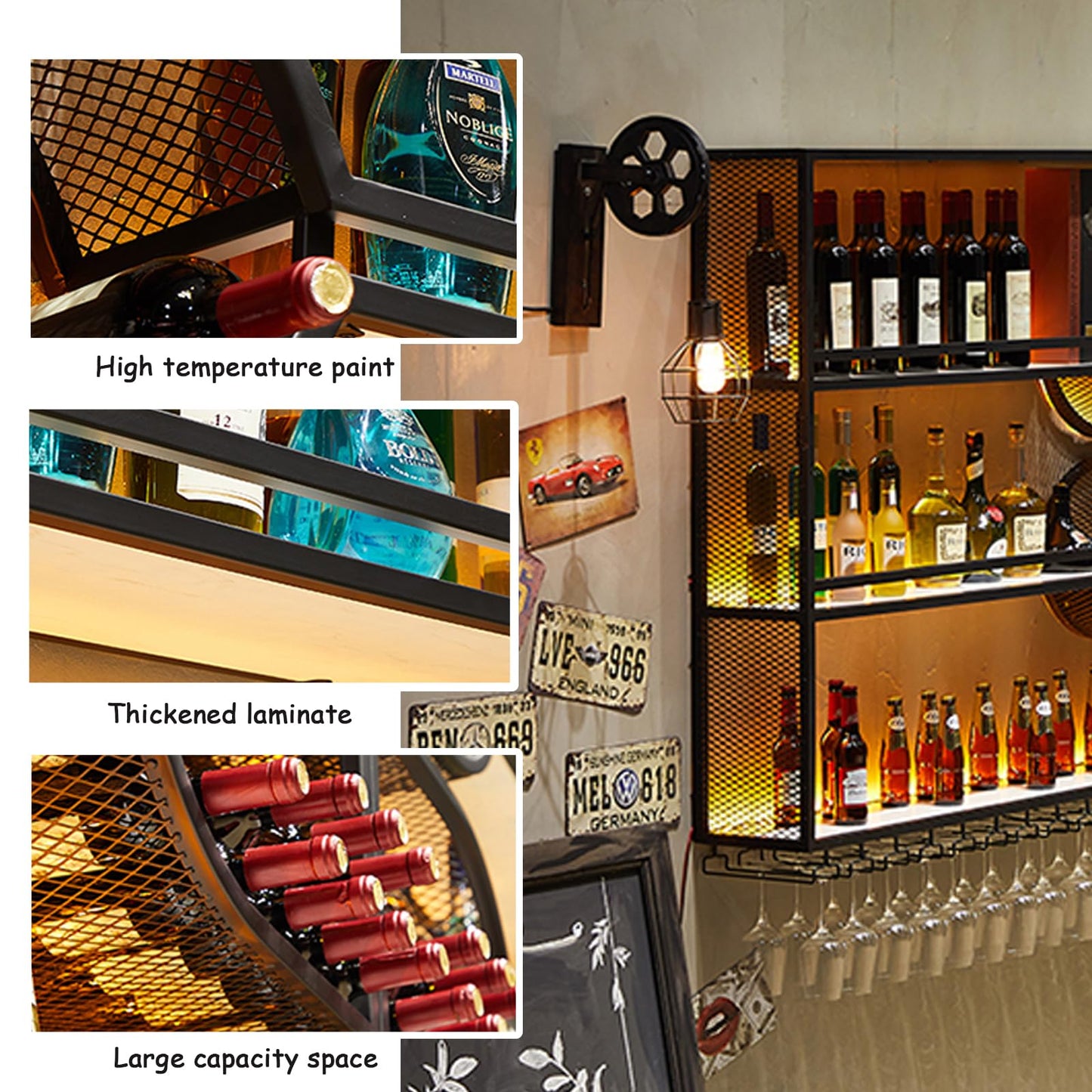 Dawselod 78.7in Large Wall Mounted Wine Rack with LED Light,4-Tiers Liquor Bottles Floating Shelves Display Storage Organizer for Home Bar & Dining Room Decorative (78.7" W x 9.8" D x49.2 H)
