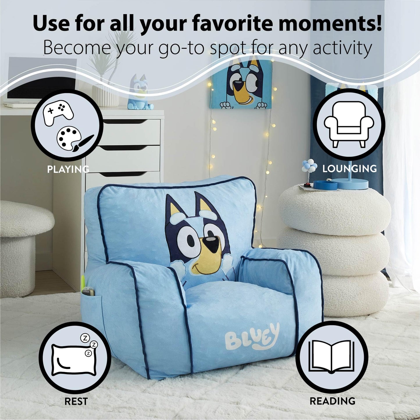 Idea Nuova Bluey Kids Foam Filled Bean Bag Chair, Soft Plush Character Lounge Seat for Bedroom or Playroom