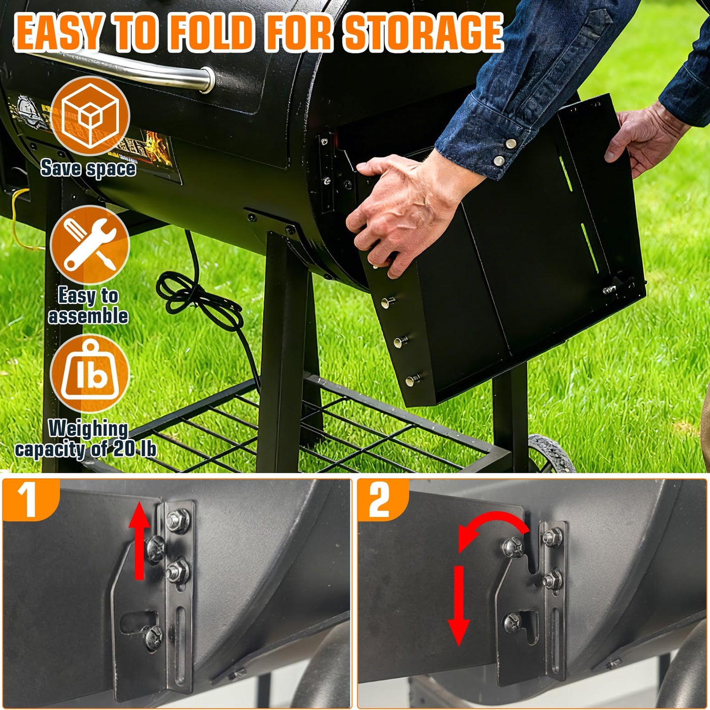 GRISUN Adjustable Folding Grill Side Shelf for Pit Boss 540 & 700FB, Side Prep Table with 5 Tool Hooks for Camp Chef, Char-Griller & Dyna-Glo Grills