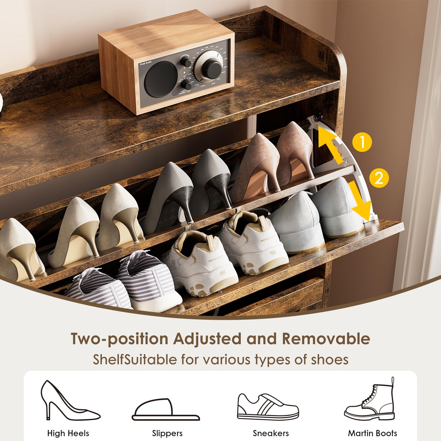 Nicetree Shoe Cabinet Organizer with 2 Flip Drawers, Freestanding Narrow Rack with Metal Legs, Farmhouse Slim Shoe Storage for Entryway, Foyer, Hallway, Rustic Brown