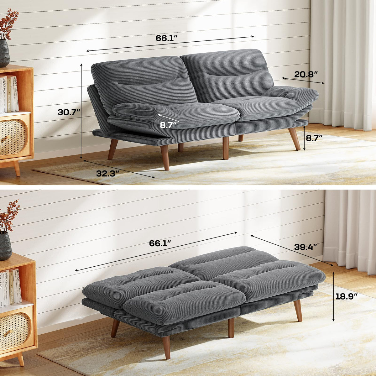 Marsail 66.1" Futon Sofa Bed, Corduroy Convertible Futon Couch with Adjustable Backrest & Armrests, Small Sleeper Sofa Loveseat for Small Apartments, Study Room, Office, Grey