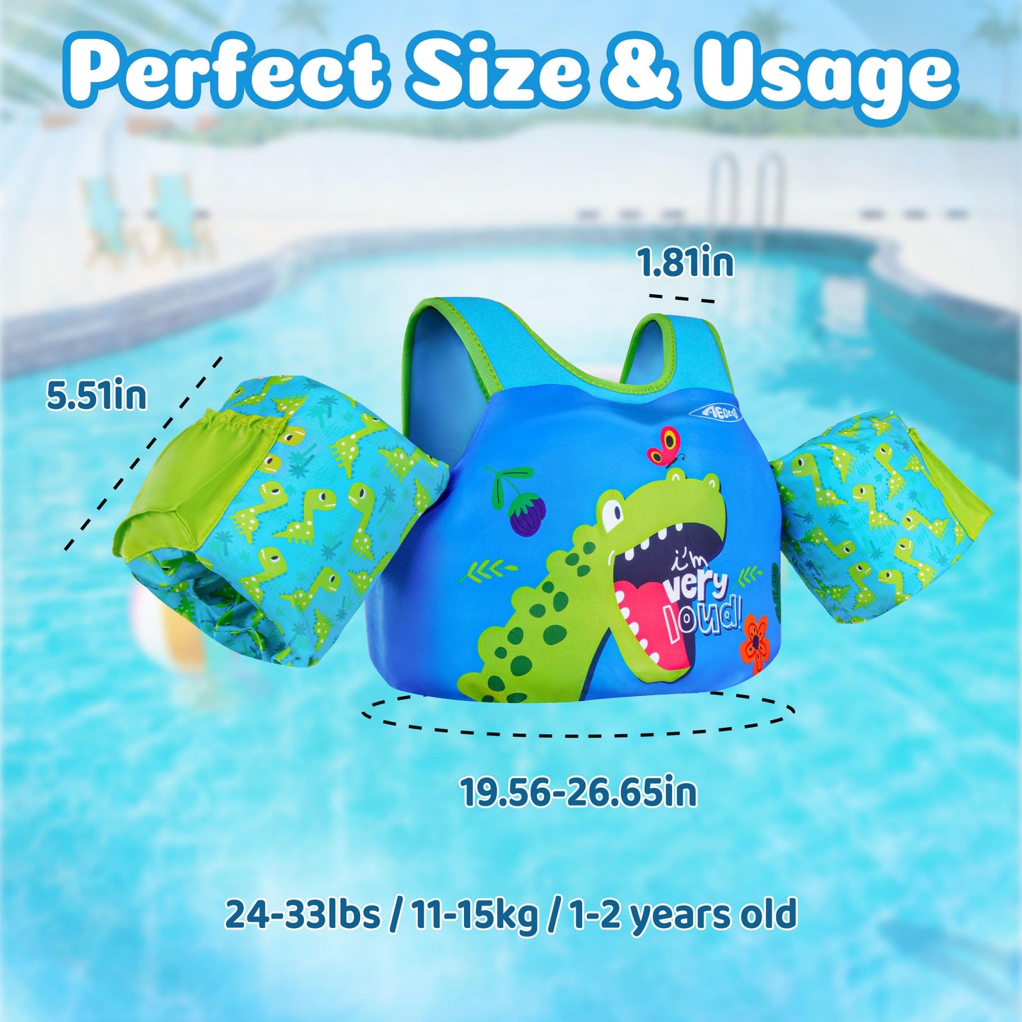AEOCOO Puddle Float Jumper 20-30 Pounds, Toddler Swim Vest for 1-2-3 Years Old, Pool Floats with Swimming Arm Floaties Swim Jacket with Water Wings for Kids Swimmies, Boys, Girls, Niños, Dinosaur