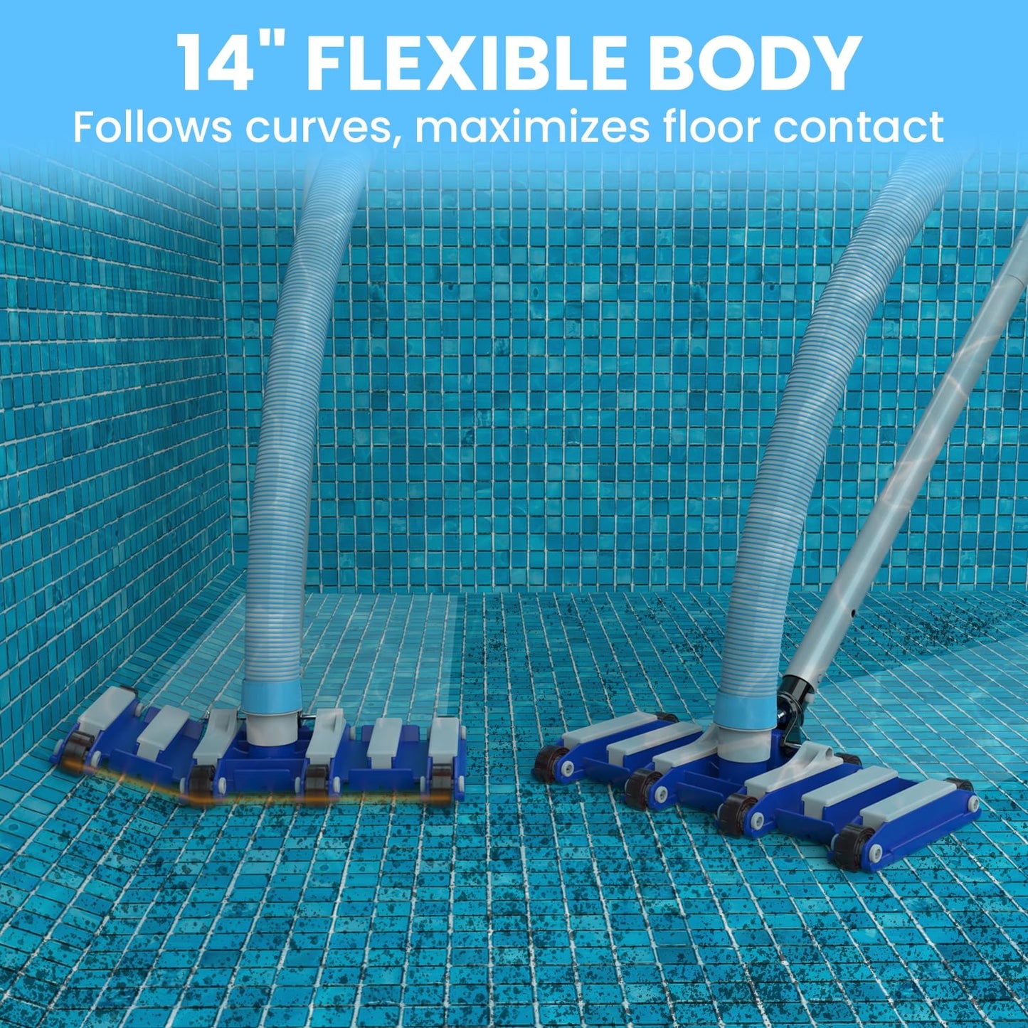 Poolvio 14" Ultra-Weighted Pool Vacuum Head with Wheels, Flexible Manual Pool Cleaner with Bottom Brushes & Swivel Handle for Deep Cleaning Inground Pools, 1.5" Hose Port (NO Pole & Hose)