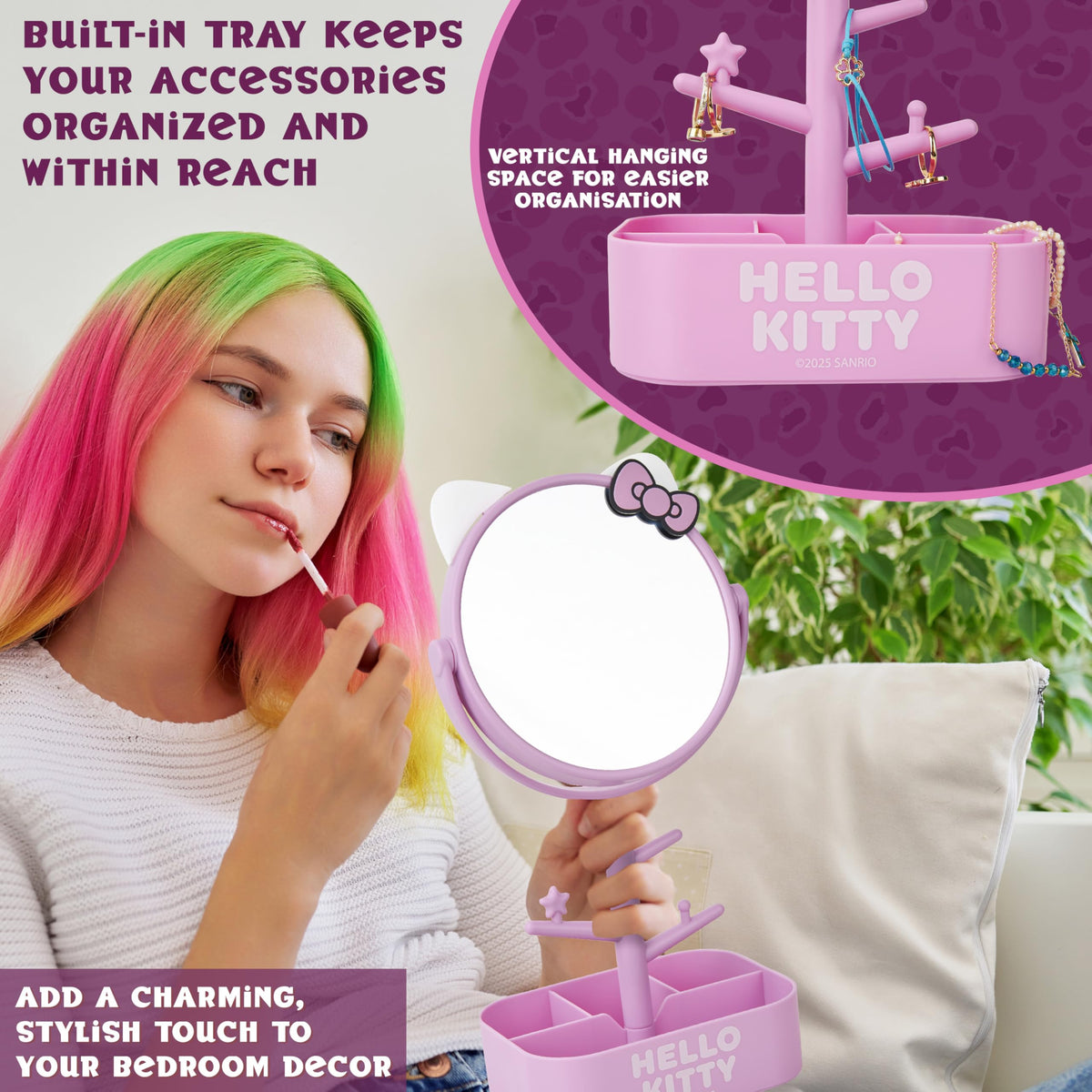 Get Trend Hello Kitty Sanrio Mirror with Jewelry Stand for Girls, Teens, Kawaii Makeup Mirror, Jewelry Holder, Bracelet Holder, Gifts for Girls (Pink Hello Kitty)