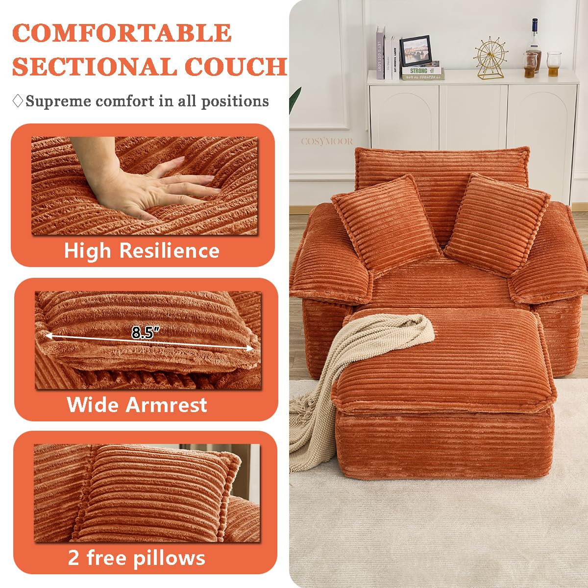 COSYMOOR Chaise Lounge Chair Indoor with Ottoman, 47 Inch Oversized Corduroy Boneless Sofa Bed, Deep Seat Sleeper Couch Reading Chairs, Cloud Compact Sofas Couches for Living Room,No Assembly Required