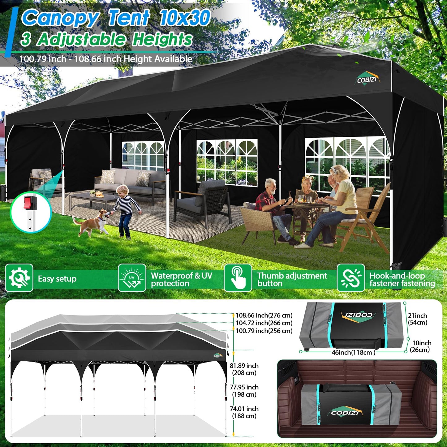 COBIZI 10x30 Pop Up Canopy Tent for Parties with 5 Sidewalls| Push Center Lock & Air Vent| Waterproof & UPF50+ |Gazebo Outdoor Tent for Party,Wedding,BBQ with 4 Sandbags, 8 Stakes & 16 Ropes,Black