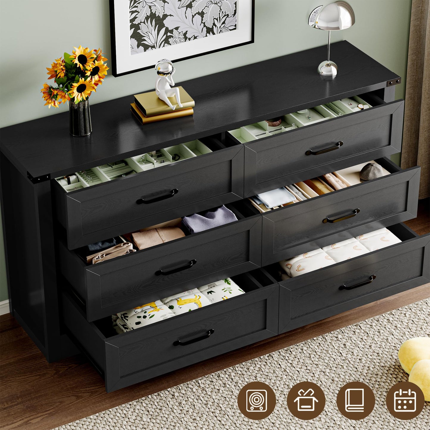 BORNOON 6-Drawer Dresser for Bedroom, Modern Wooden Chest of Drawers with Metal Handles, Anti-Tipping Design, Sturdy and Stable Storage Organizer for Living Room, Entryway, Home Office