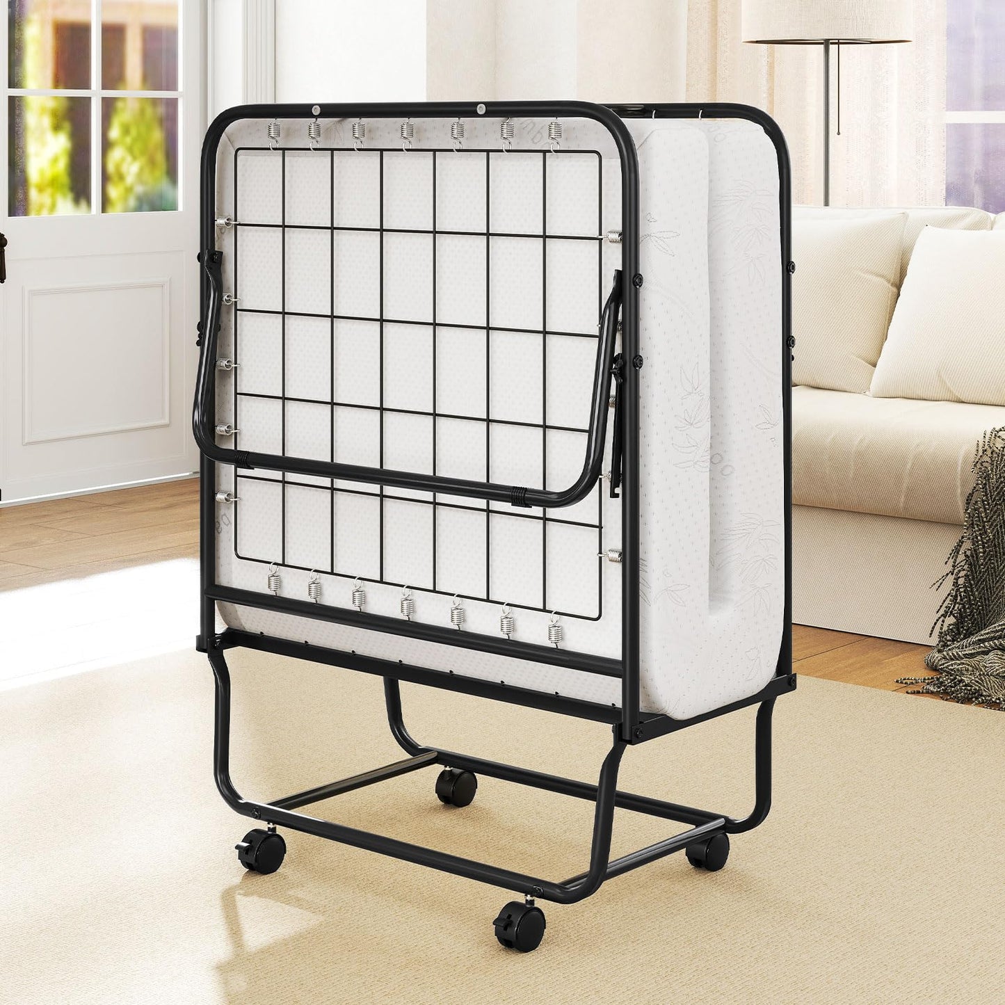 KOMFOTT Folding Bed with Mattress, Cot Size Rollaway Guest Bed with Heavy-Duty Metal Frame & Lockable Wheels, Space Saving Portable Fold up Sleeper Beds for Office, Apartment, Small Spaces