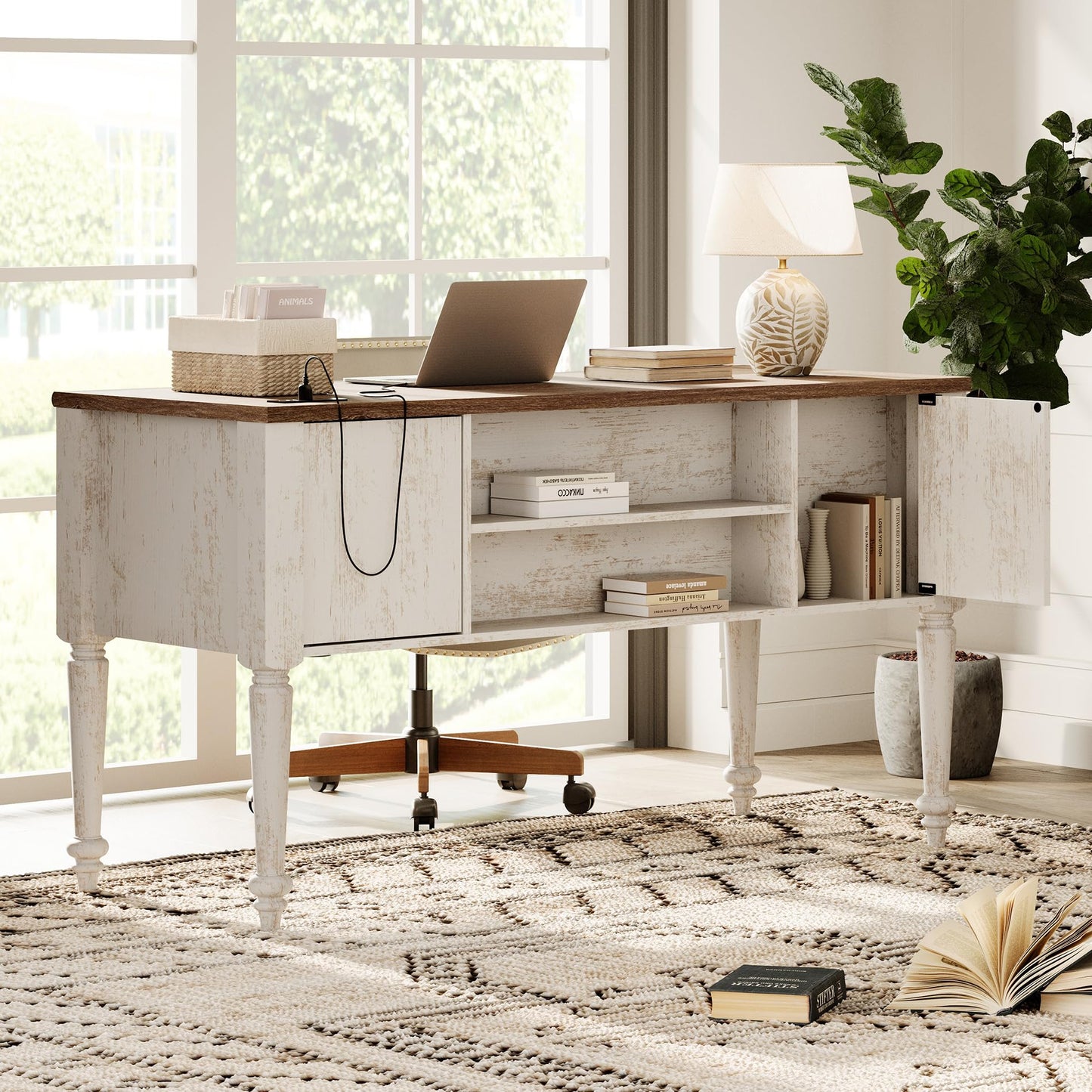 WAMPAT Home Office Furniture Set, 56" Executive Desk with Charging Station, 72" Tall Bookcase with 3 Drawers, Wood Computer Desk with File Cabinet, Open Shelf, Rustic White